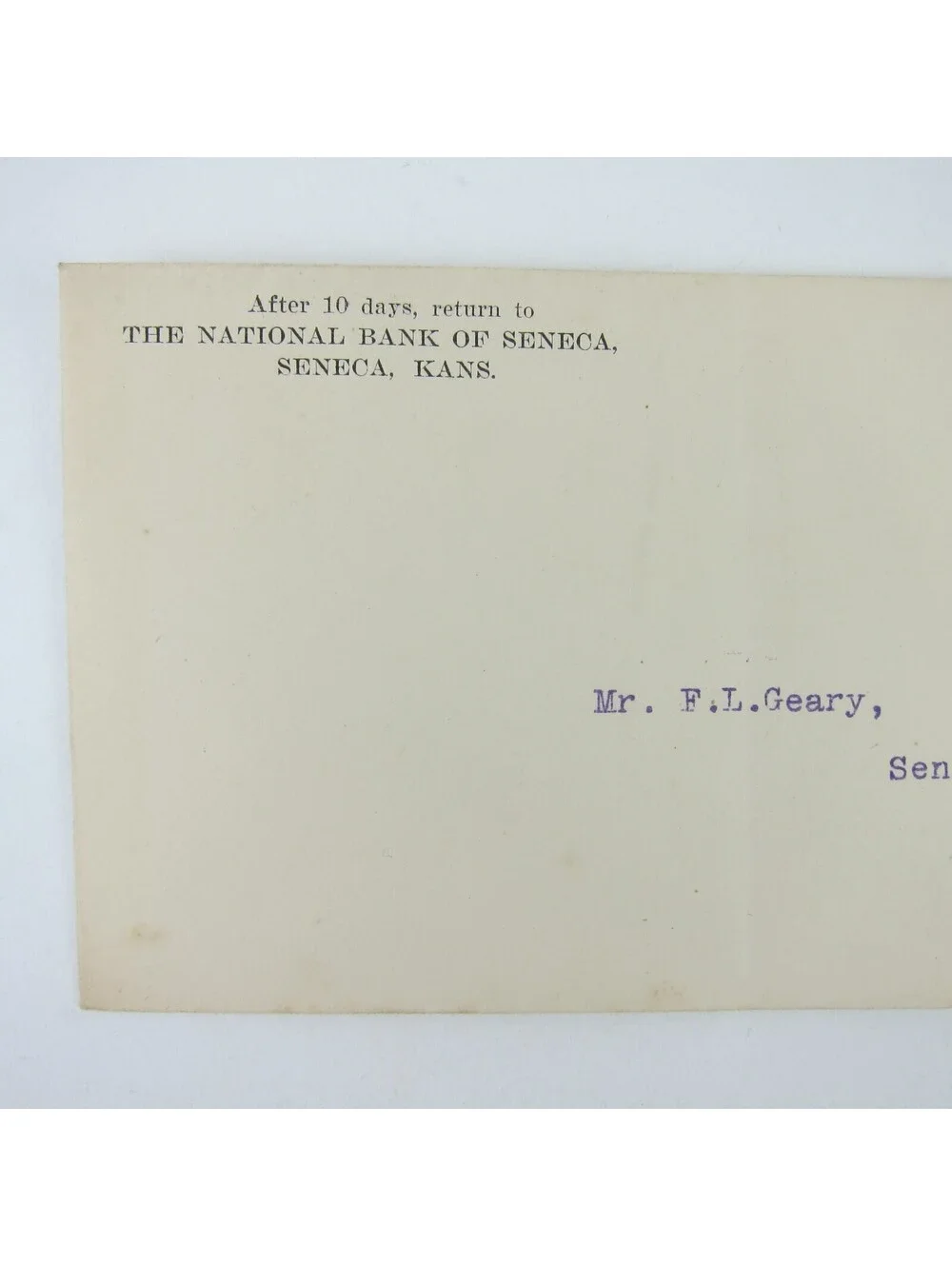 US Postal Stationery F.L. Geary National Bank of Seneca Kansas 2 cent Antique